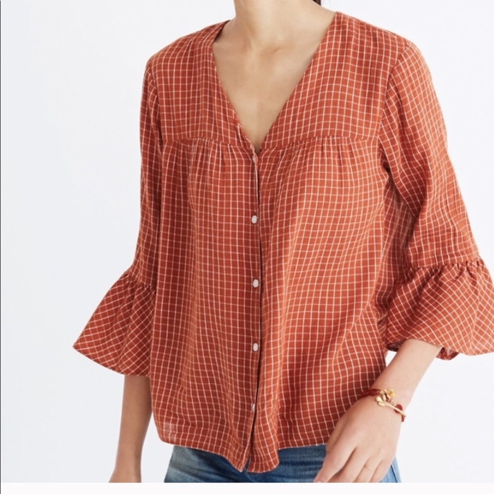 Madewell windowpane plaid rust colored blouse